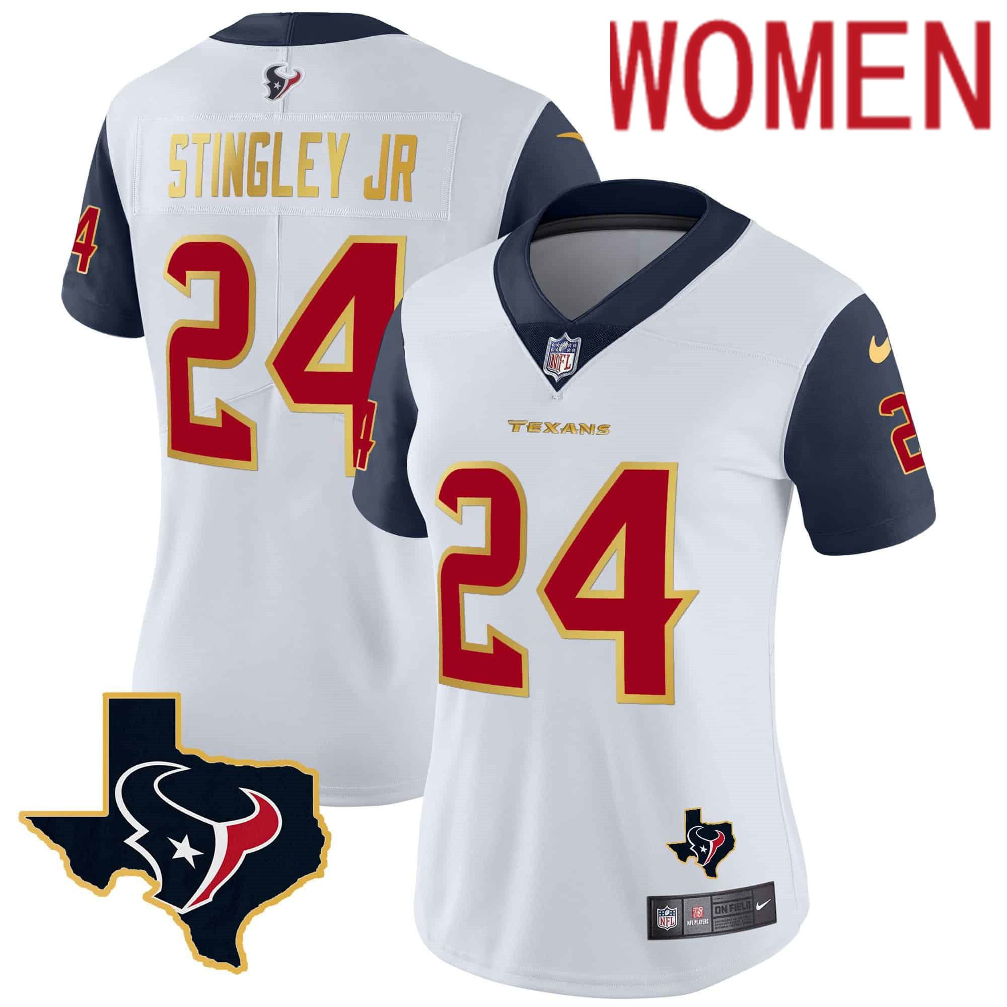 Women Houston Texans #24 Stingley jr White Gold 2024 Nike Trim Vapor NFL Jersey style 1